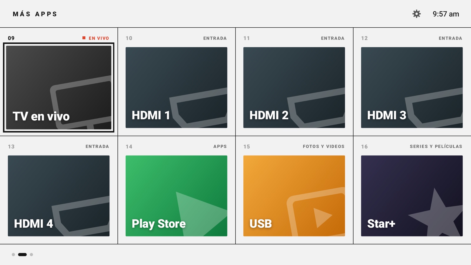 Segunda página del inicio en Android TV: TV en vivo, HDMI 1 a 4, Play Store y USB