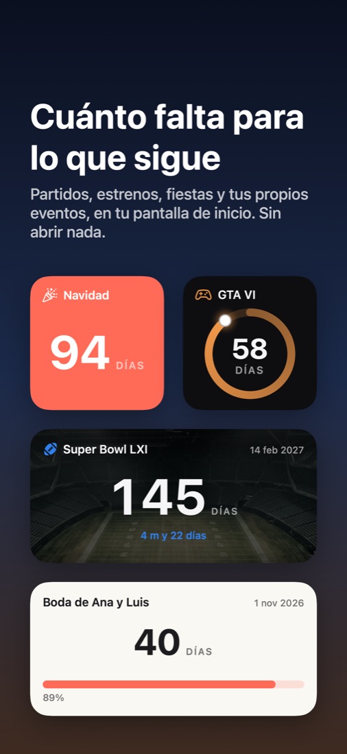Pantalla de Warpy con widgets de cuenta regresiva